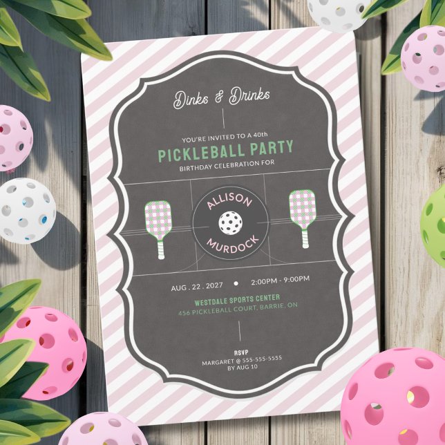 Convites Dinks e Drinks Festa Cor-de-Rosa de Pickleball de  (Pink Pickleball Birthday Invitation for pickleball lovers)