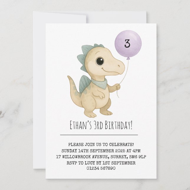 Convites Dino Bege com Espinhos Azuis e Aniversário de Balã (Frente)