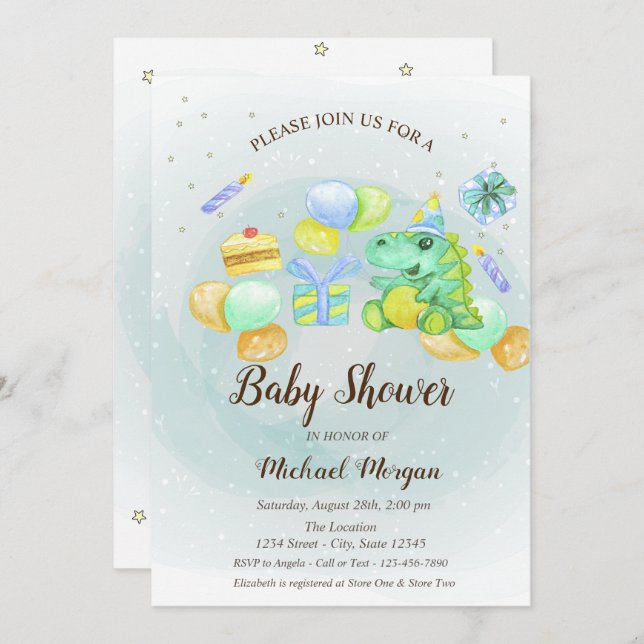 Convites Dino bonito presente, balões, bolo (Frente/Verso)