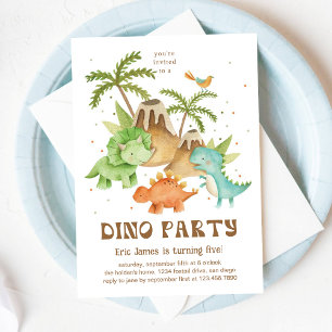Convites Dino e Festa de aniversário de vulcão com aquarela
