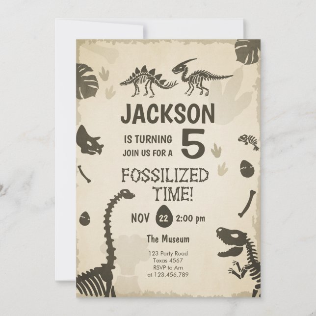 Convites Dino Fóssil Dino Dig Nascido no Partido Dinossauro (Frente)