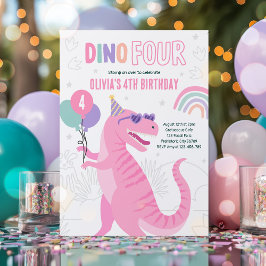 Convites Dino Four Pink T-Rex Dinossaur 4º Festa de Anivers