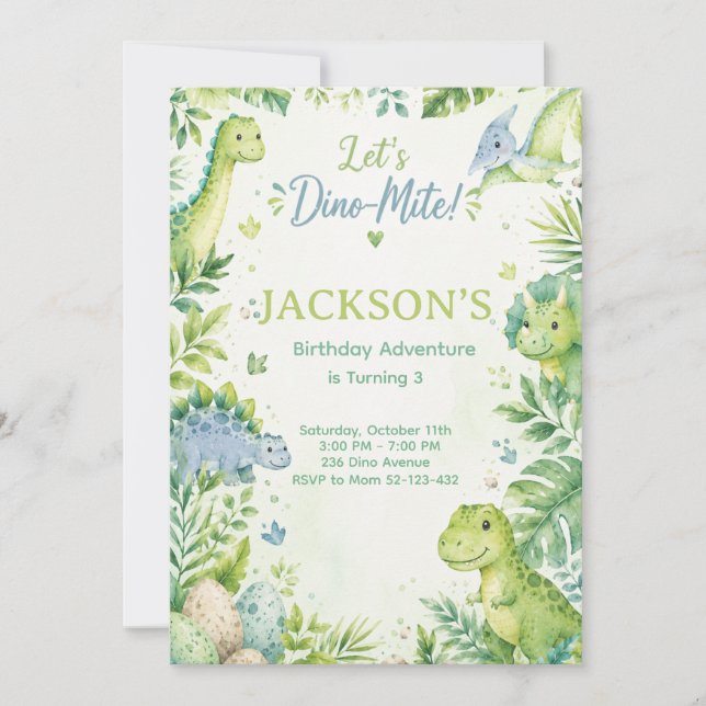 Convites Dino Mite Watercolor Dinosaur Birthday Party Paste (Frente)
