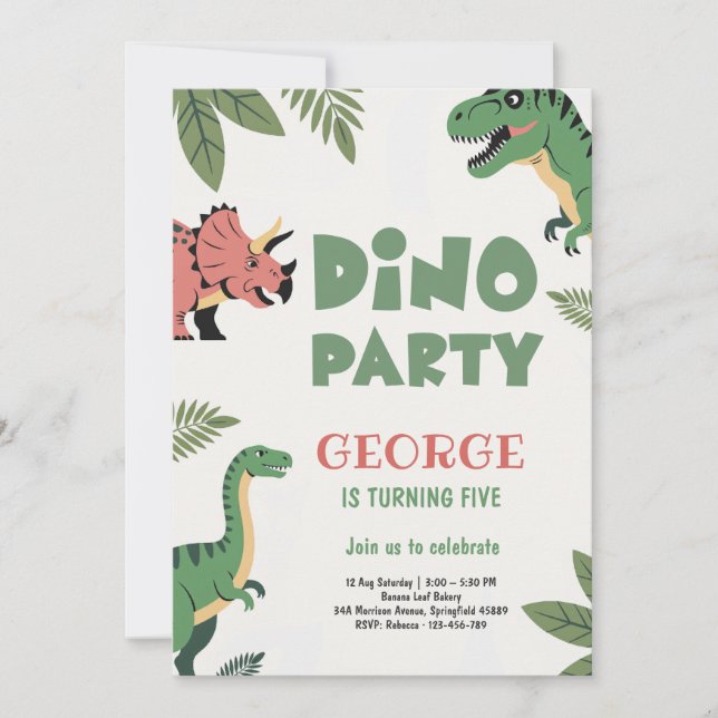 Convites Dino Party Cute Dinosaur 5th Birthday Party (Frente)