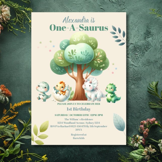 Convites Dino Party Cute Dinossauros Primeiro Aniversário (Criador carregado)