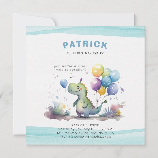 Convites Dino Party Watercolor Boy Blue Birday (Frente)