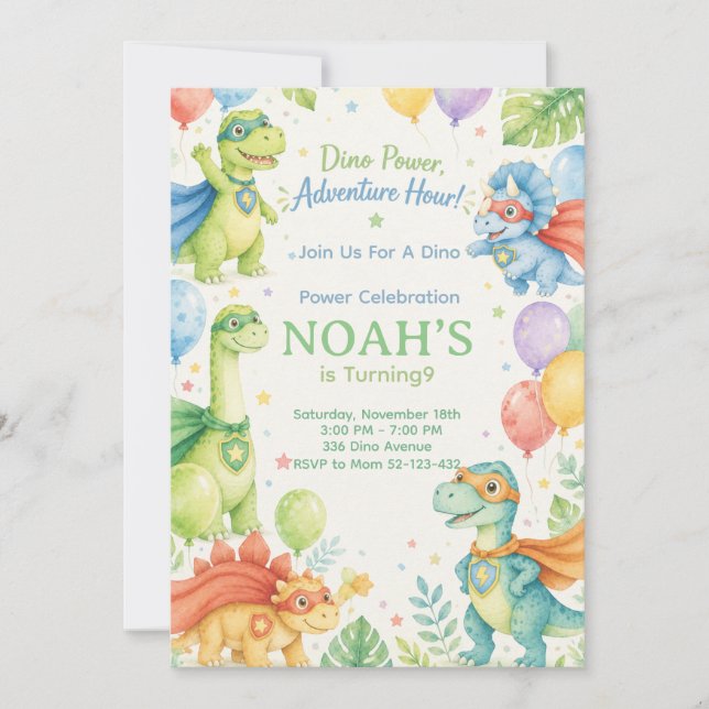 Convites Dino Power Adventure Hour Watercolor Dinosaur  (Frente)