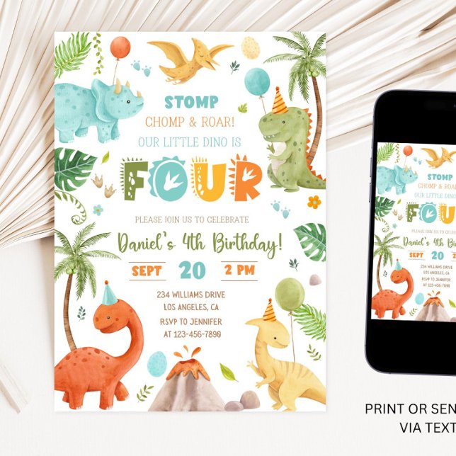 Convites Dino Quatro Quarta Festa de aniversário 4º Anivers (Criador carregado)