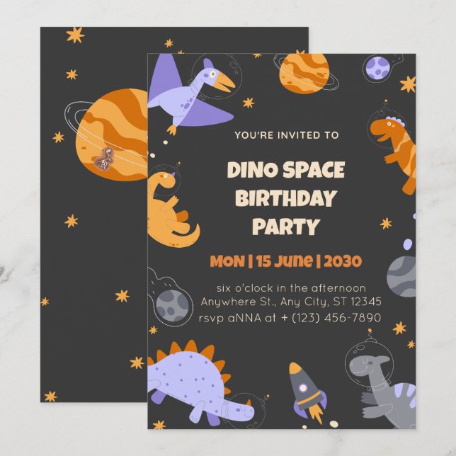 Convites Dino Space Birthday Invitation for Boys Editable (Frente/Verso)