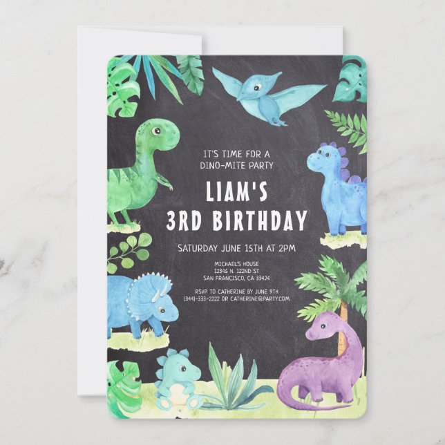 Convites Dino Three Trex Boy 3rd Dinosaur Aniversário (Frente)