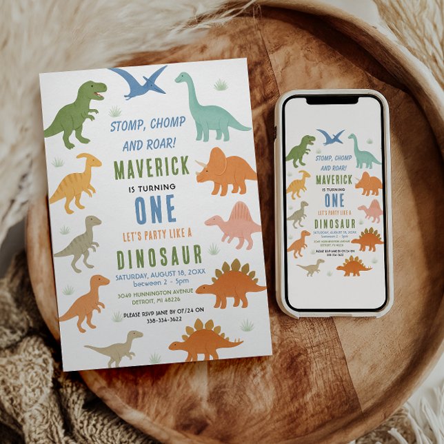 Convites Dinosaur 1st Birthday Party | Cute Prehistoric  (Dinosaur 1st Birthday Party | Cute Prehistoric invitation
)