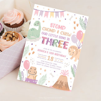 Convites Dinosaur 3rd Birthday Invitations Girl. Cute Baby