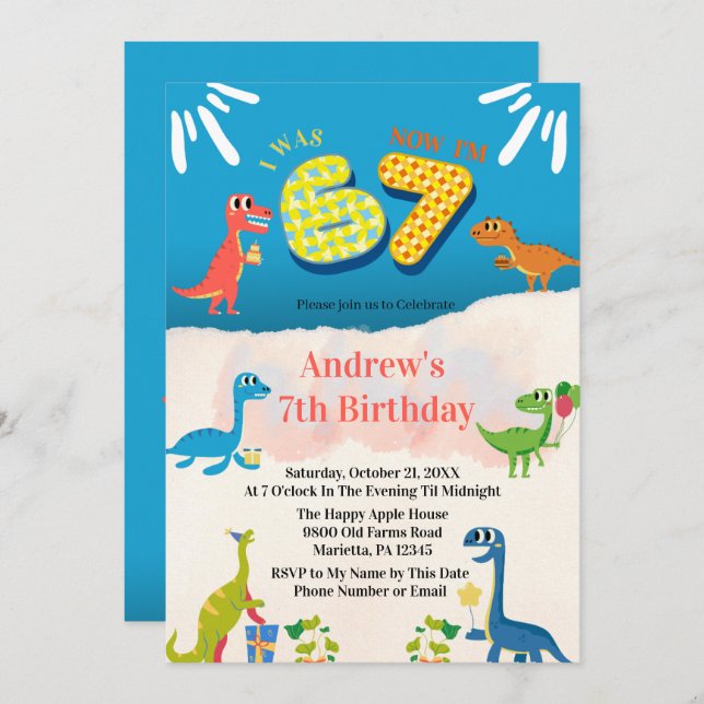 Convites Dinosaur 7th Birthday Party I Was 6 Now I'm 7 (Frente/Verso)