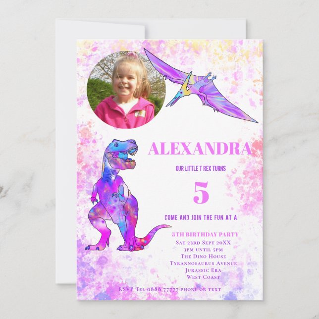 Convites Dinosaur Aniversário de 5 anos Foto T Rex Rosa (Frente)