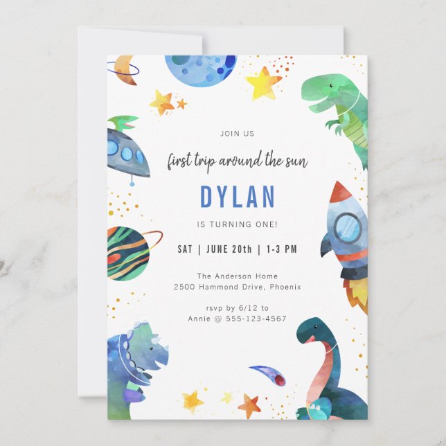 Convites Dinosaur Astronaut Outer Space Birthday Invitation (Frente)