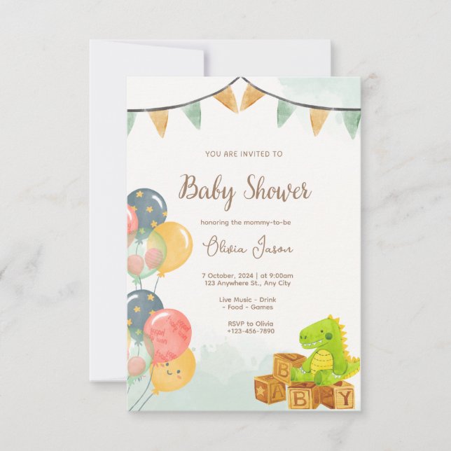 Convites Dinosaur Baby Shower Invitation | Green & Yellow  (Frente)