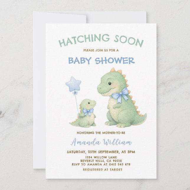 Convites Dinosaur Baby Shower invitation Hatching Soon (Frente)