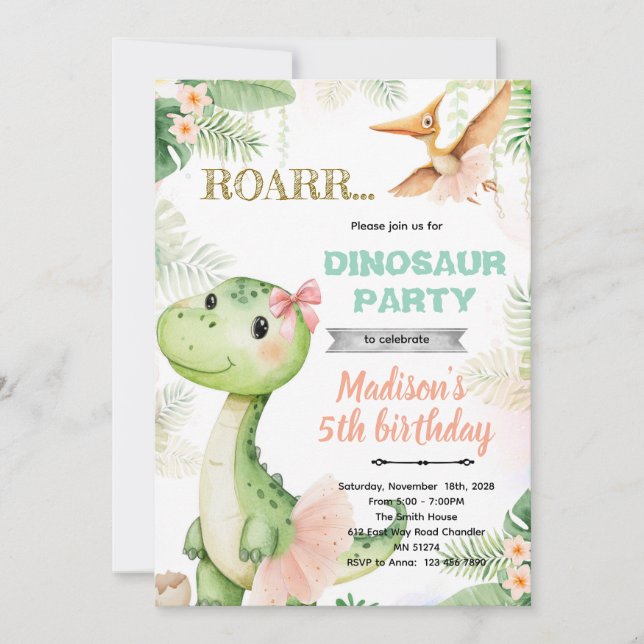 Convites Dinosaur ballerina birthday party invitation (Frente)