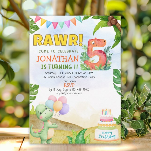 Convites Dinosaur Birthday 5th for Boys | Rawr Dinosaur  (Criador carregado)