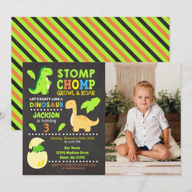 Convites Dinosaur Birthday Photo Invitation for a Boy (Frente/Verso)
