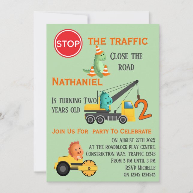 Convites Dinosaur Construction Vehicle 2nd Birthday Party (Frente)