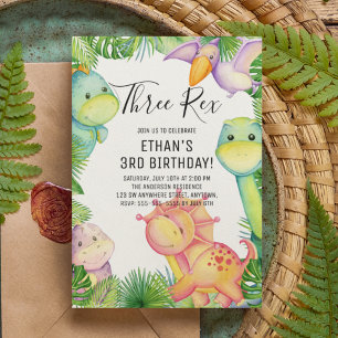 Convites Dinosaur de Aquarela Três Rex Aniversário de 3 ano