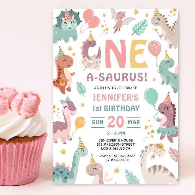 Convites Dinosaur Girl 1st Birthday Invitation (Criador carregado)