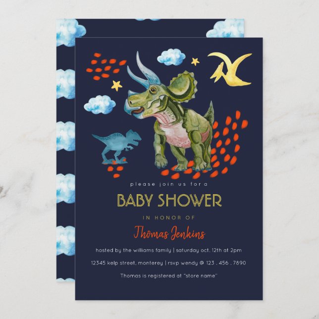 Convites Dinosaur in watercolor Baby Shower invite. (Frente/Verso)