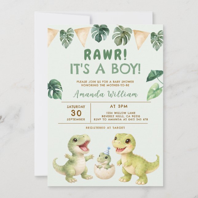 Convites Dinosaur It's a Boy Dinosaur Baby Shower (Frente)