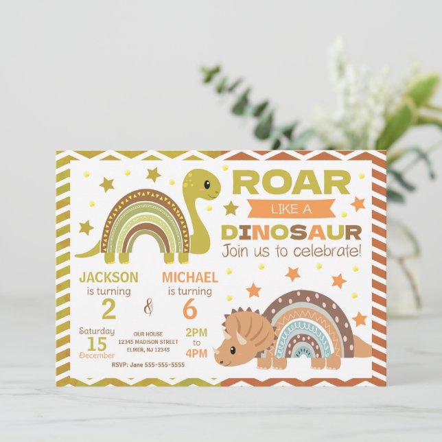Convites Dinosaur Joint Birthday Invitation for Siblings (Em pé/Frente)