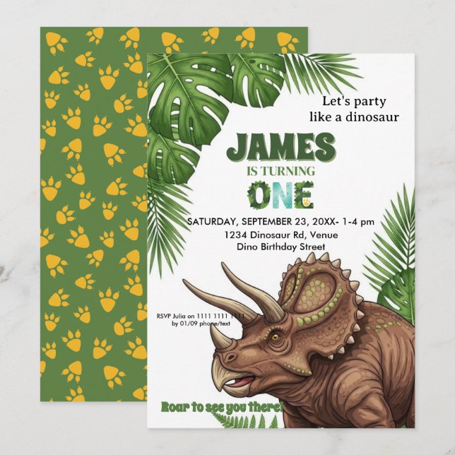 Convites Dinosaur Jungle 1st Birthday Invitation  (Frente/Verso)