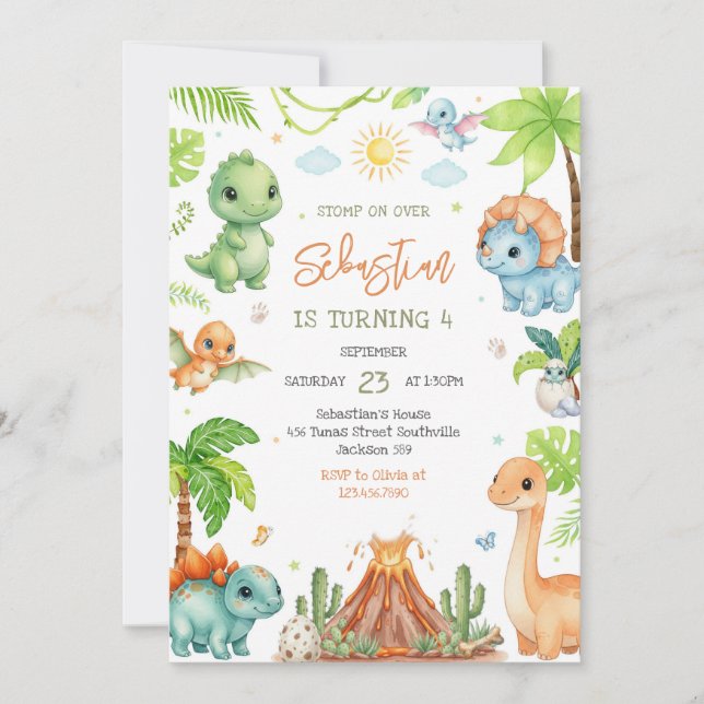 Convites Dinosaur Kids Birthday Invitation (Frente)