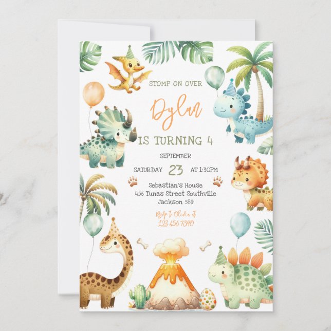 Convites Dinosaur Kids Birthday Invitation (Frente)