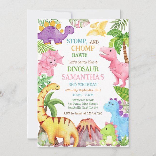 Convites Dinosaur Kids Birthday Invitation (Frente)