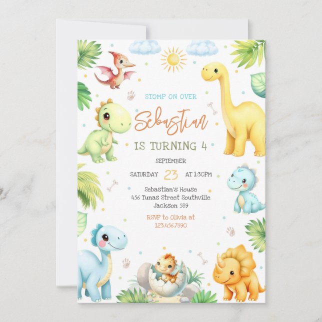 Convites Dinosaur Kids Birthday Invitation (Frente)