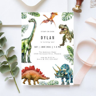 Convites Dinosaur Kids Watercolor Birthday Invitation