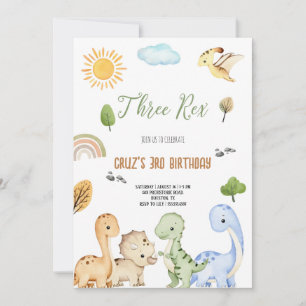 Convites Dinosaur Marrom E Verde Três Rex Aniversário De 3