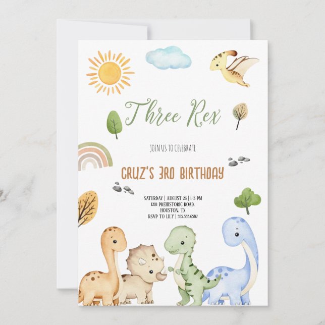 Convites Dinosaur Marrom E Verde Três Rex Aniversário De 3  (Frente)
