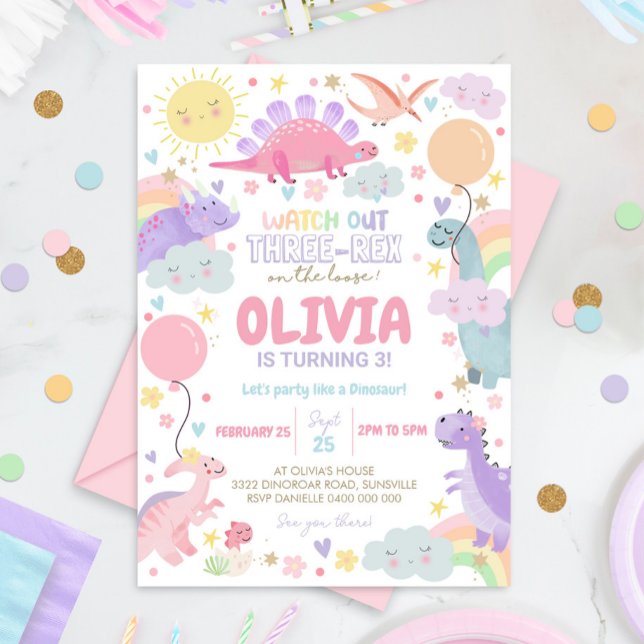 Convites DINOSAUR NASCIMENTO Rapariga Três Rex (Watch out Three Rex is on the loose! Girl Dinosaur 3rd Birthday Invitation)