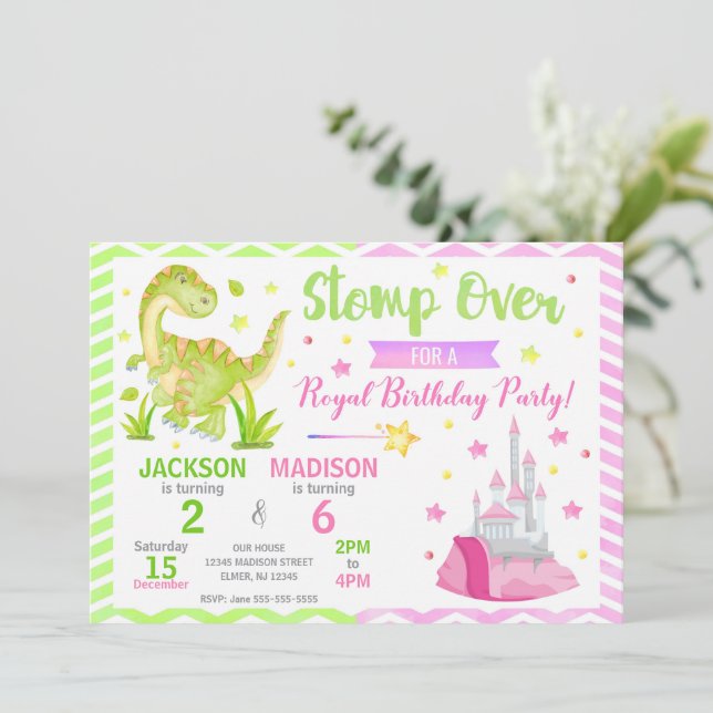 Convites Dinosaur & Princess Joint Birthday Invitation (Em pé/Frente)