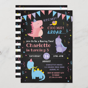 Convites Dinosaur Roar Birthday Chalkboard Girls Dino Party
