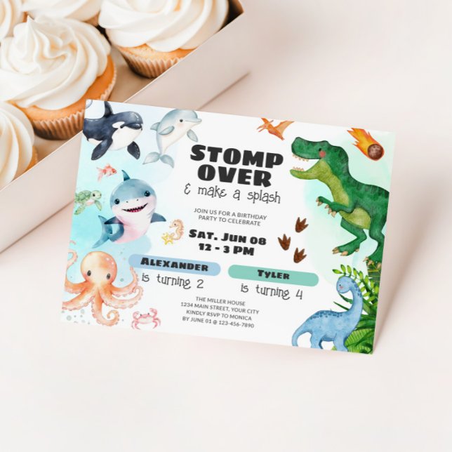Convites Dinosaur & Shark Under the Sea Sibling Birthday (Sharks & Dinosaur Birthday Party Invite)