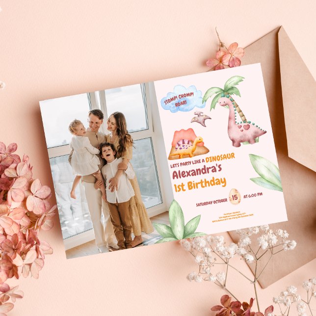 Convites Dinosaur Stomp Chomp Rawr primeiro aniversario Par (Criador carregado)