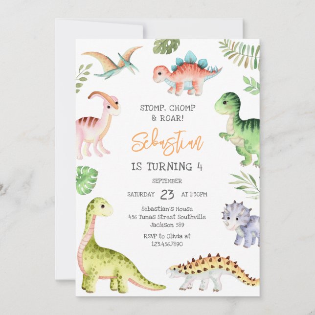 Convites Dinosaur Stomp Chomp Roar Birthday Party (Frente)