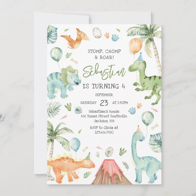 Convites Dinosaur Stomp Chomp Roar Birthday Party (Frente)