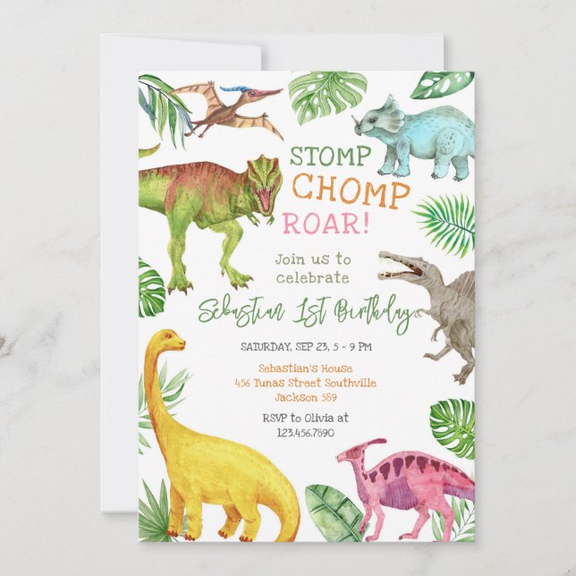 Convites Dinosaur Stomp Chomp Roar Birthday Party  (Frente)