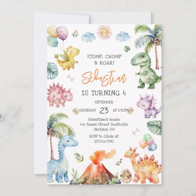 Convites Dinosaur Stomp Chomp Roar Birthday Party (Frente)