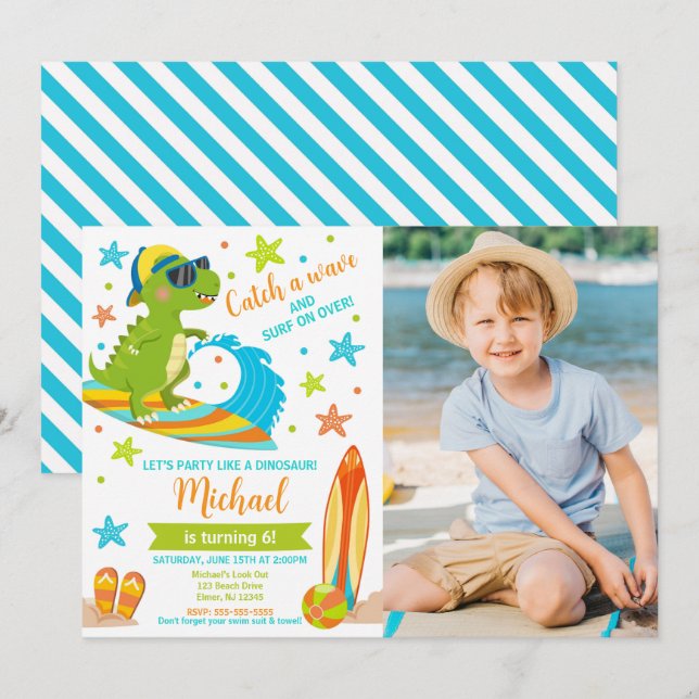 Convites Dinosaur T-Rex Summer Beach Party Boy Birthday (Frente/Verso)