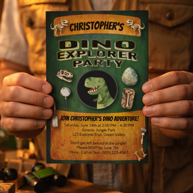 Convites Dinosaur Theme Birthday Party (Dino Explorer Dinosaur Themed Part Invitation. Invite guests to discovery, stomp and roar. )
