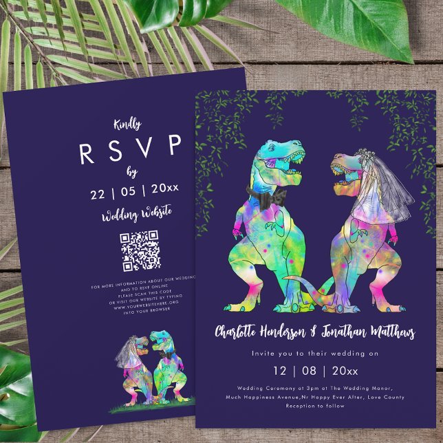 Convites Dinosaur theme Navy Blue Pink Wedding QR Code  (Colorful T-Rex bride and groom dinosaur wedding navy blue & white rsvp qr code invitation )